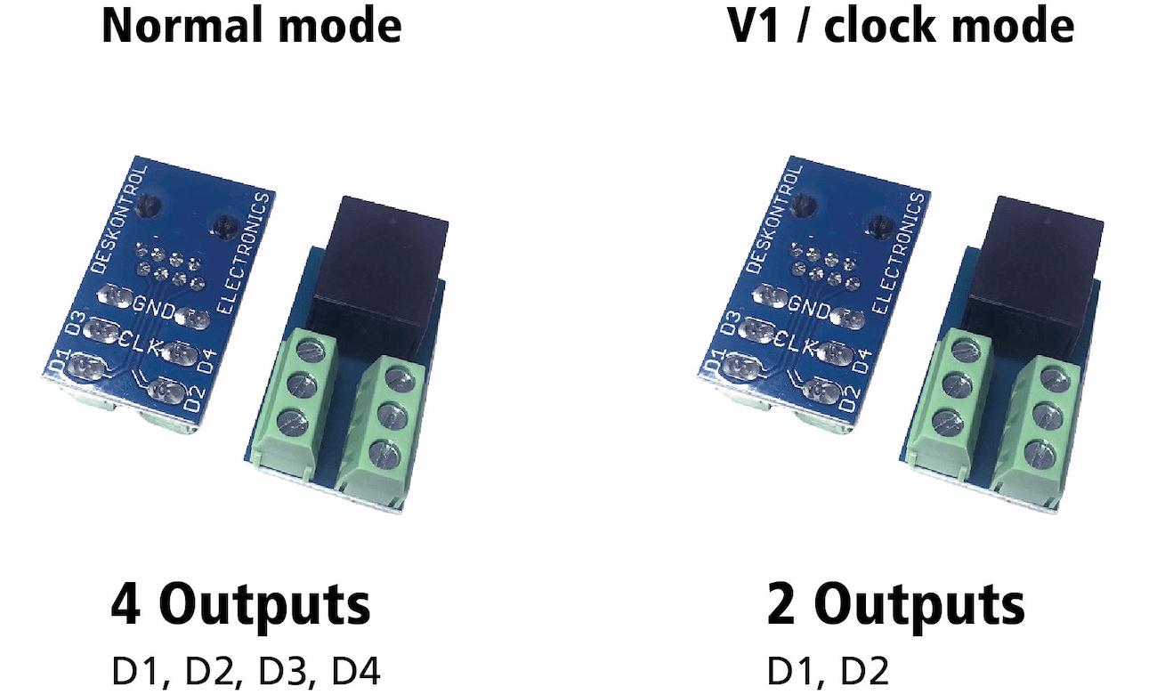Comparison between normal mode and V1 or clock mode in the RJ45-to-terminal adapter of deskontroller LITE V3