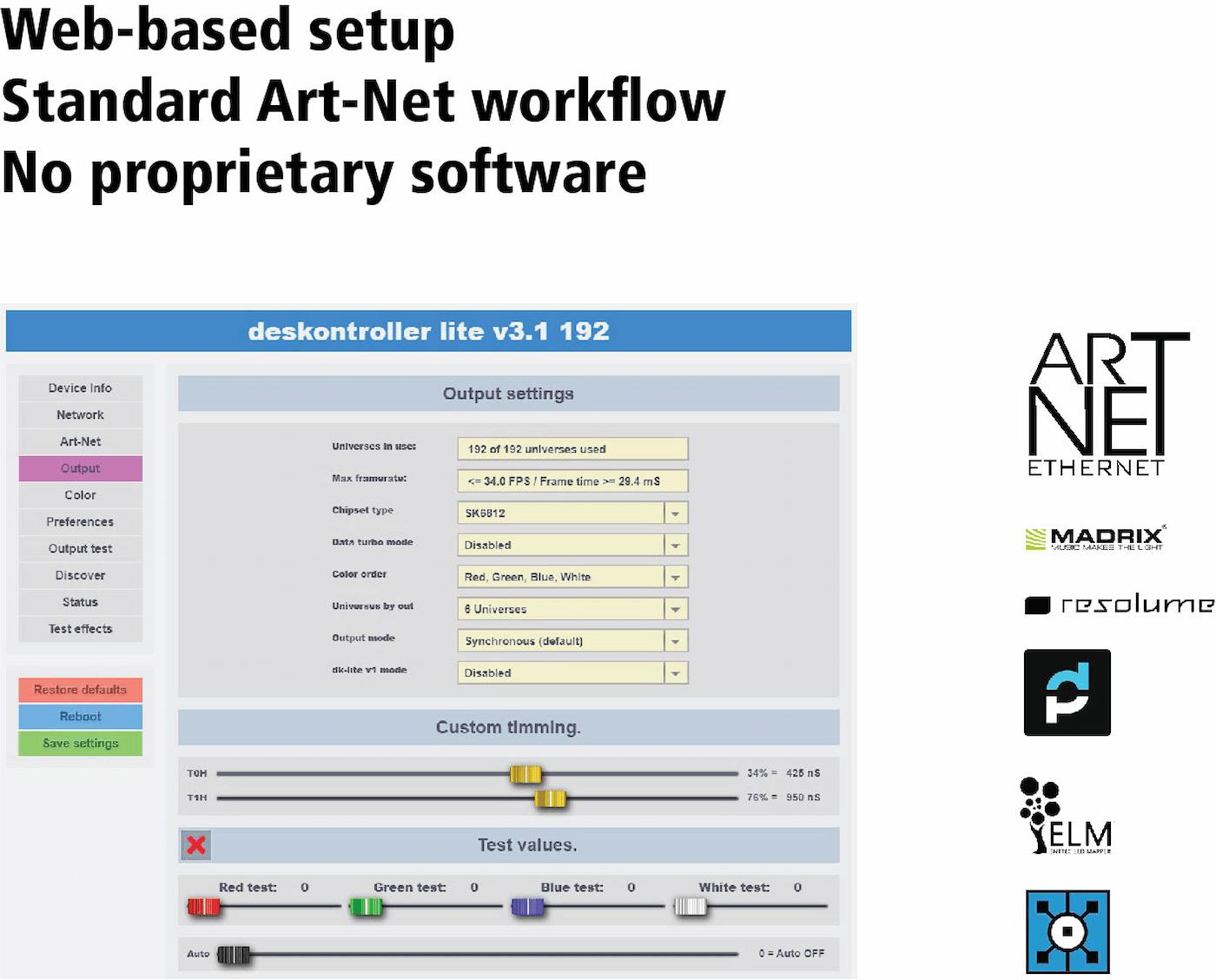 deskontroller LITE V3 Web UI and standard Art-Net workflow with compatible software